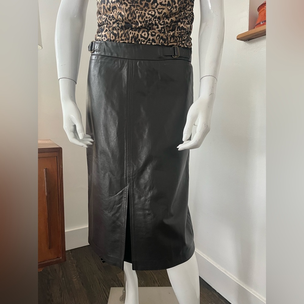GAP Chocolate Brown Leather  Skirt with kick pleats and belt details